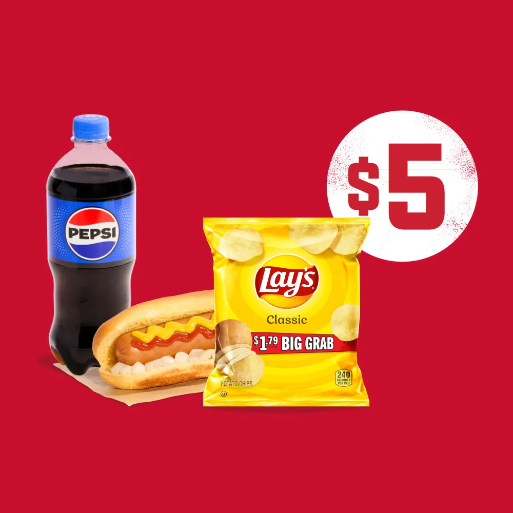 Any Hot Dog, Lay's 1.375-1.875oz. Chips, 20oz. Pepsi
