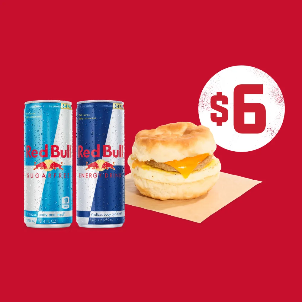Any Breakfast Sandwich and two 8.4oz. Red Bulls